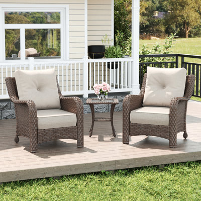 3 Piece Wicker Outdoor Furniture Set with 6-inch Comfy Cushions, High Back Patio Furniture Set with Rattan Armchairs and Side Table