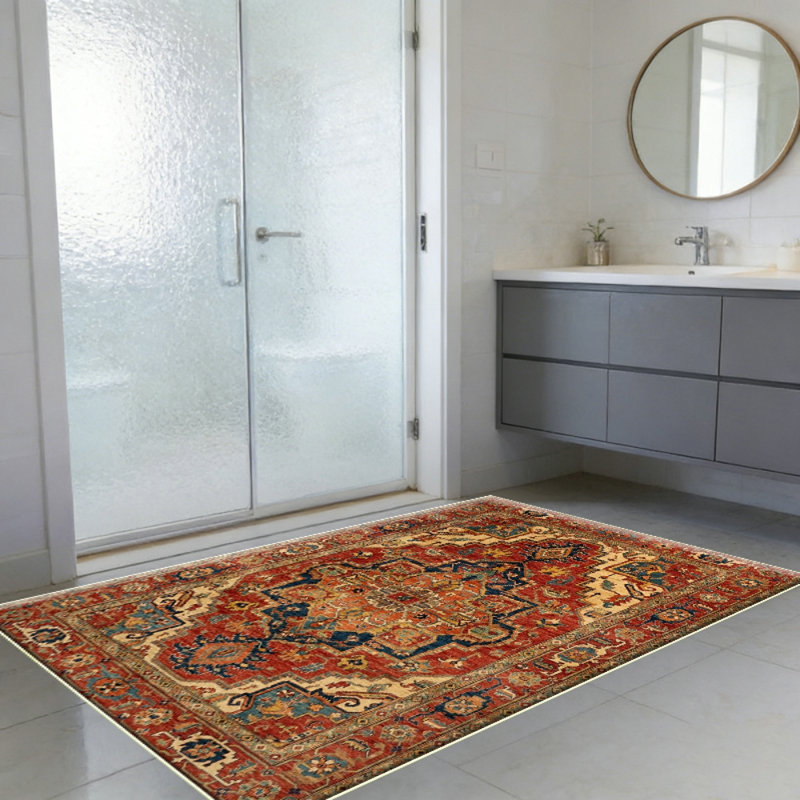 Large Area Rug for Living Room, Machine Washable Boho Rug for Bedroom, Low Pile Lightweight Thin Rugs Floral Vintage Distress Print Pattern Carpet for Dining Room, Red