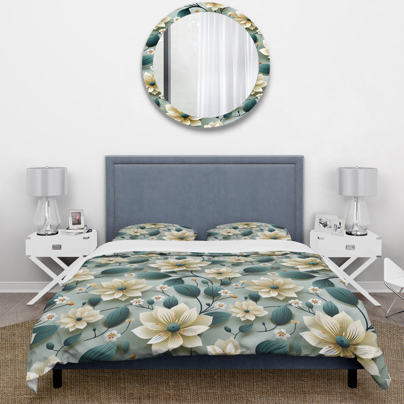 Teal & Ivory Coastal Elegance Floral Pattern - Ensemble de housse de couette à motif floral