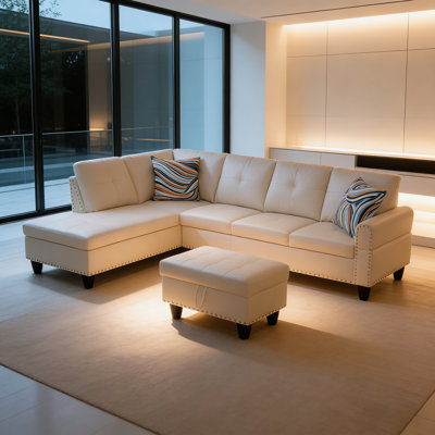 Ensemble de canapé en forme de L 3 pièces avec table rabattable et repose-pieds de rangement, disponible en tissu ou similicuir
