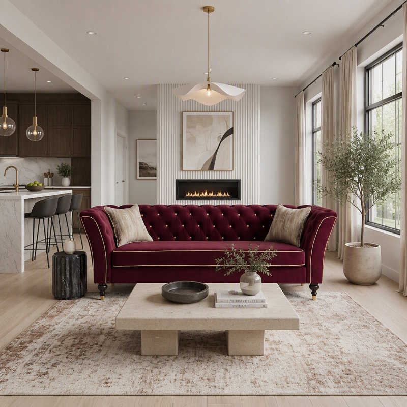 89.5 " Velvet Sofa, Velours vin rouge