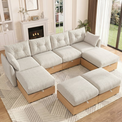 Canapé-lit modulaire en L 120 po avec rangement 120 po, canapé-lit modulaire convertible avec méridienne réversible, canapé nuage à siège profond, canapé de salon rembourré beige avoine avec base en grain de bois