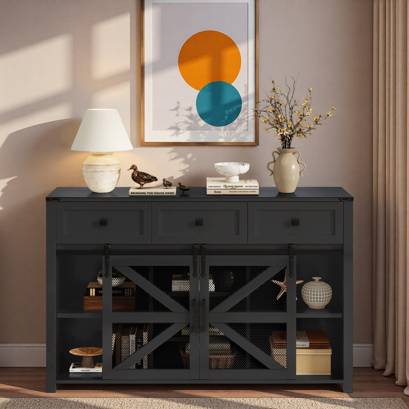 Buffet avec porte de grange coulissante, 3 tiroirs, tablettes réglables, grillage métallique et poignées en aluminium, Noir