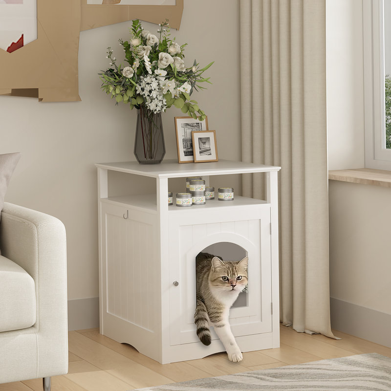 Enceinte de litière moderne en bois avec tablette de rangement et armoire cachée pour l'intérieur.