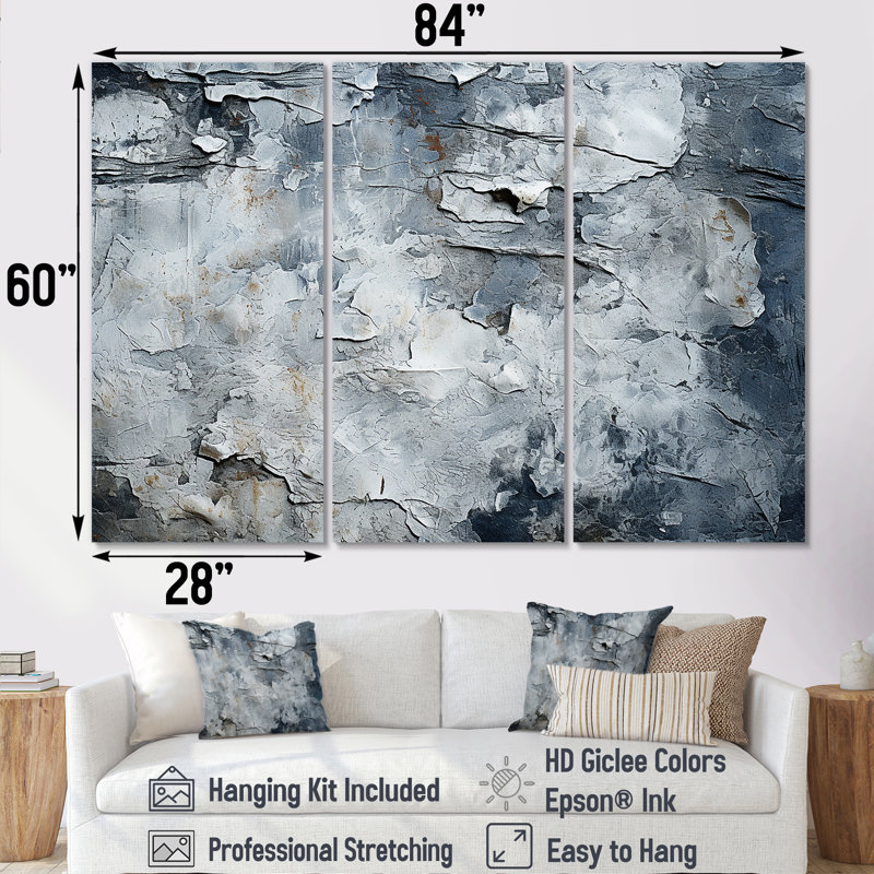 Abstrait, surface lunaire grise I - tachisme, art mural, Toile tendue, H 60 po x l 85 po x P 1,5 po