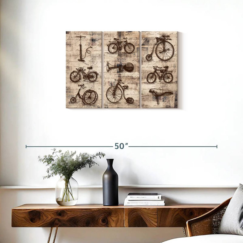 Ensemble de 3 pièces de vélos rétro sur toile, H 20 po x l 33 po x P 1,25 po