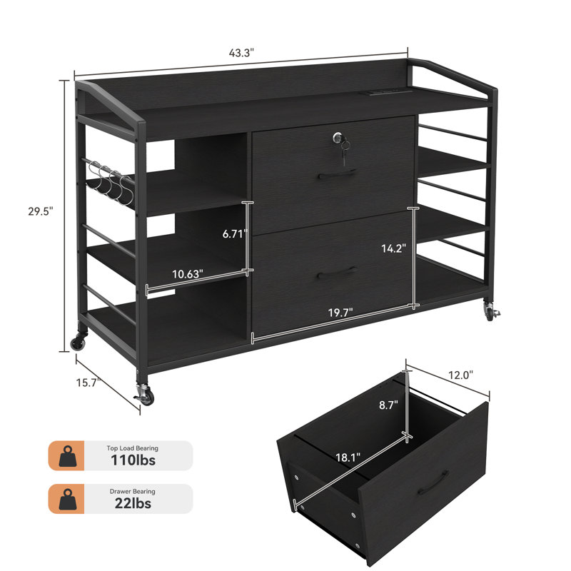 Classeur latéral verrouillable 44 po avec tablettes et tiroirs de rangement, Noir, noir, noir, noir