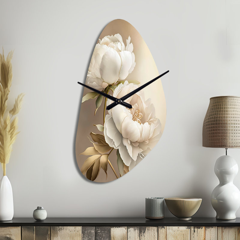 Pivoine fleur II - pivoines de forme irrégulière, horloge métallique blanche, Moyenne