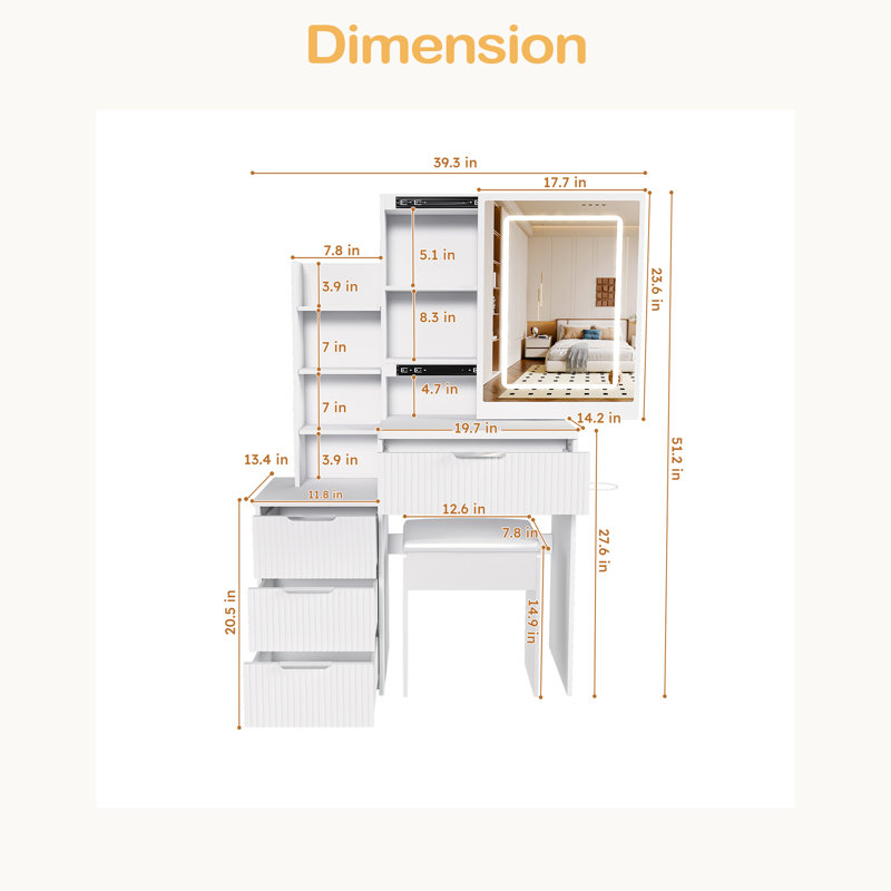 Ce meuble-lavabo moderne comprend 3 modes d'éclairage DEL à luminosité réglable, 4 tiroirs et plusieurs tablettes de rangement ouvertes, un porte-séchoir à cheveux et une prise de courant, et une chaise de coiffeuse