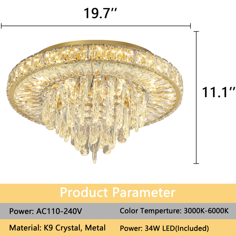 Lustre de chambre en cristal à intensité variable, Doré