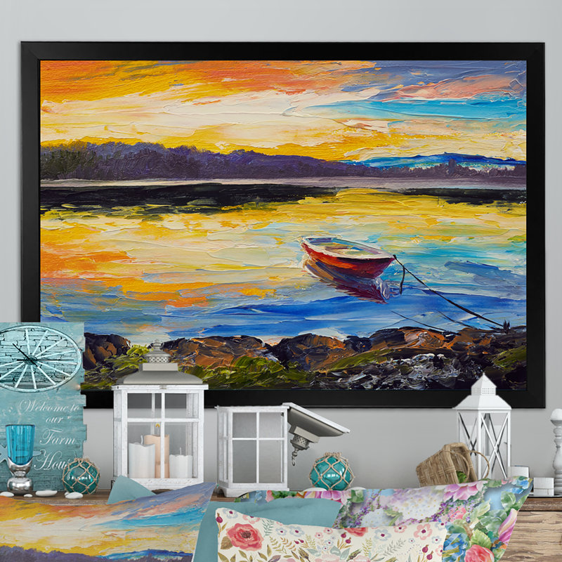 «Fishing Boart on Ocean Scenery», reproduction d'art sur toile, H 8 po x l 12 po x P 1 po, Toile avec cadre noir