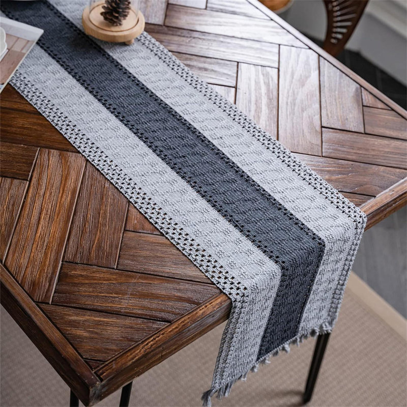 Symona Runner No Pattern Linen Blend Table Runner, Gray/Dark Gray, 12" W x 108" L