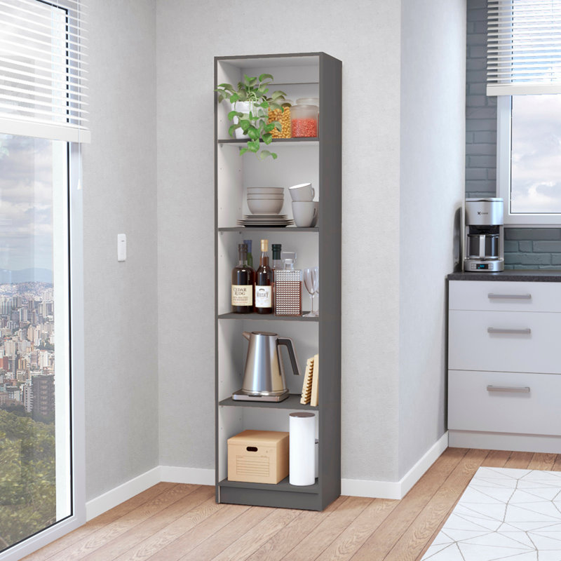Sutton Slim Bookcase with Modern 5-Shelf Design, Matt Gray, (5 Shelves) 71.1"H x 17.72"W x 11.77"D