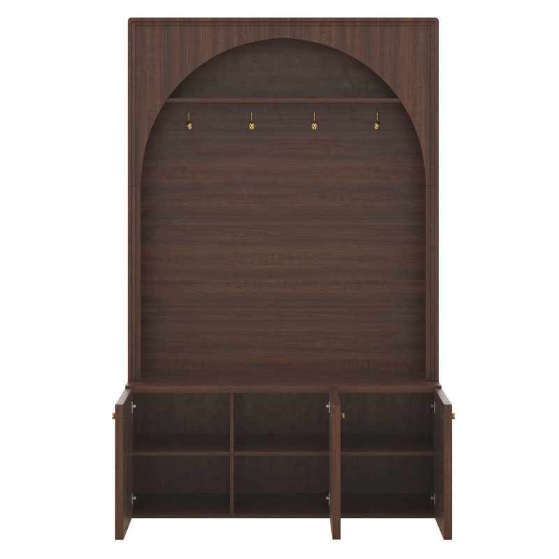 Arched Hall Tree With Storage Bench, 4 Golden Hooks, Entryway Bench With 3 Cabinets And Adjustable Shelves, Walnut