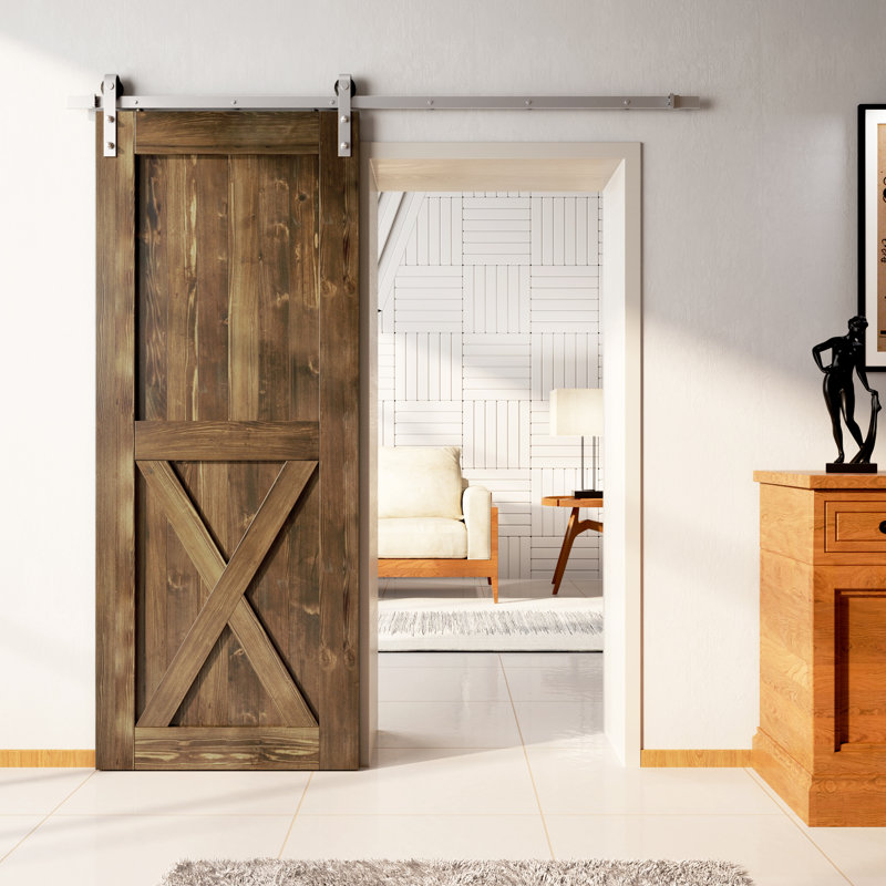 Porte en bois de pin massif X Design non assemblé avec quincaillerie d'installation en nickel brossé, Noyer foncé