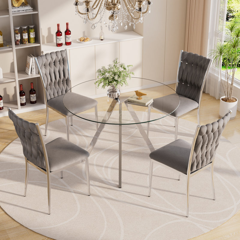 Glass Round Dining Table Set with Velvet Upholstered Dining Chairs, Gray/Silver, Silver, 5