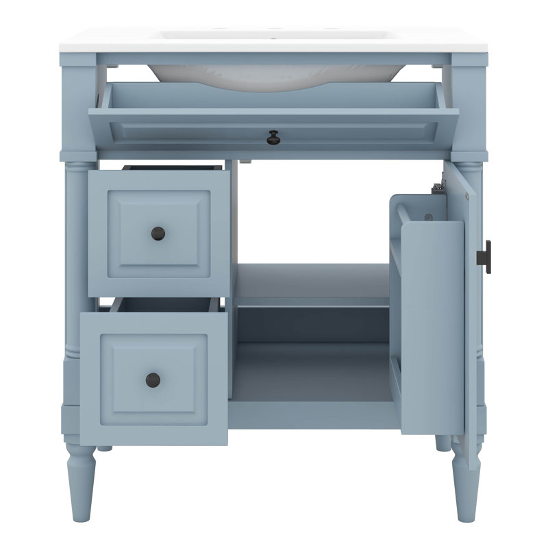 Meuble-lavabo 30 po avec lavabo, meuble-lavabo autoportant avec tiroir rabattable, 2 tiroirs et tablette réglable, Bleu/gris