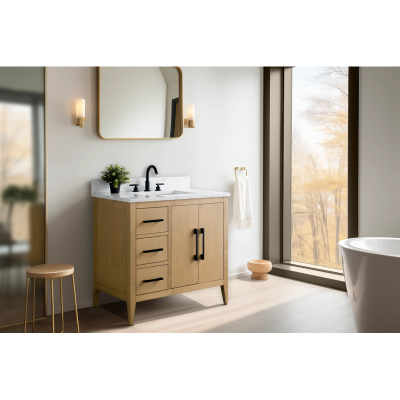 Chambery 36" Single Sink Bathroom Vanity with Engineered Marble Top, Natural Oak, Matte Black
