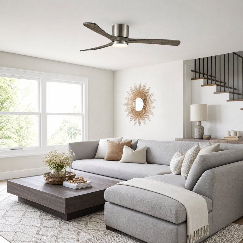 52" Modern Farmhouse Dimmable Ceiling Fan with LED Lights and Remote Control, Brushed Nickel with Gray Wood Blade