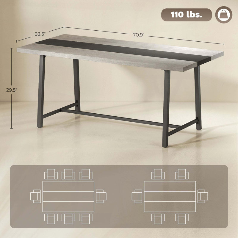 Long Industrial Dining Table - 70.9" x 33.5", MDF Top & Steel Legs, Seats 8, Gray