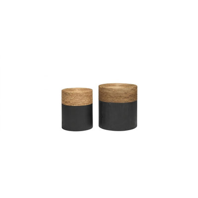 Set of Two Beige and Black Rattan and Solid Wood Round Drum Nested Tables