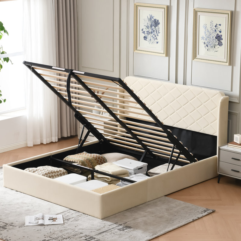 Lit plateforme tapissier avec rangement Gaillarde, Très grand, Blanc cassé