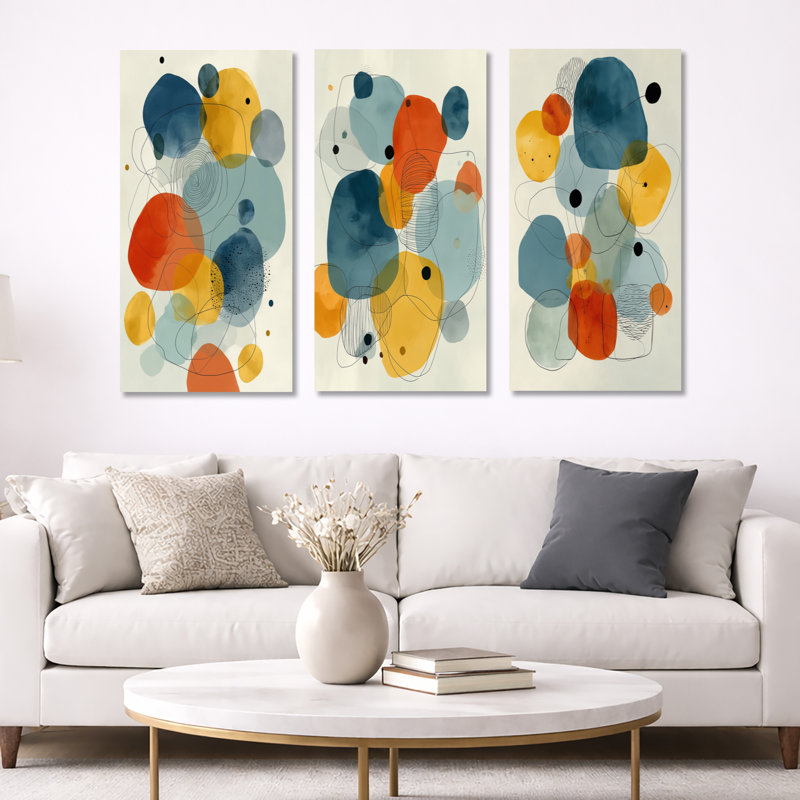 «Minimalist Meditation Stone Collage II», ensemble de 3 toiles abstraites bleues Mid-Century, H 32 po x l 48 po
