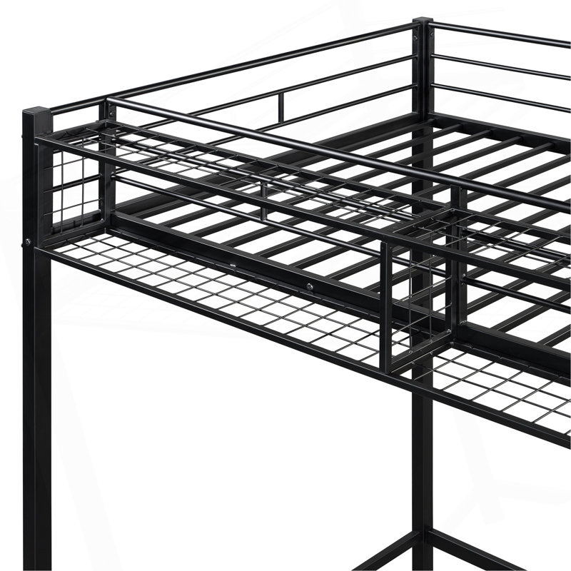 Lit mezzanine simple en métal avec tablette supérieure et échelle de rangement latérale, Noir, noir, noir, noir
