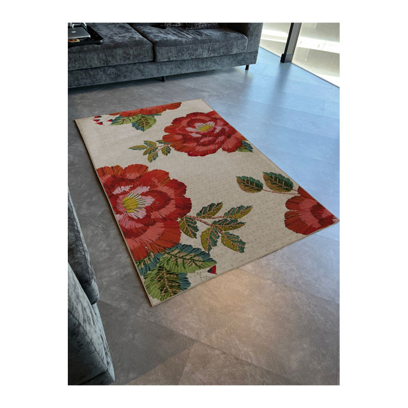 Tapis décoratif rouge moderne à motif de roses et de feuilles lavables à la machine, Rectangle 3 pi 11 po x 5 pi 11 po