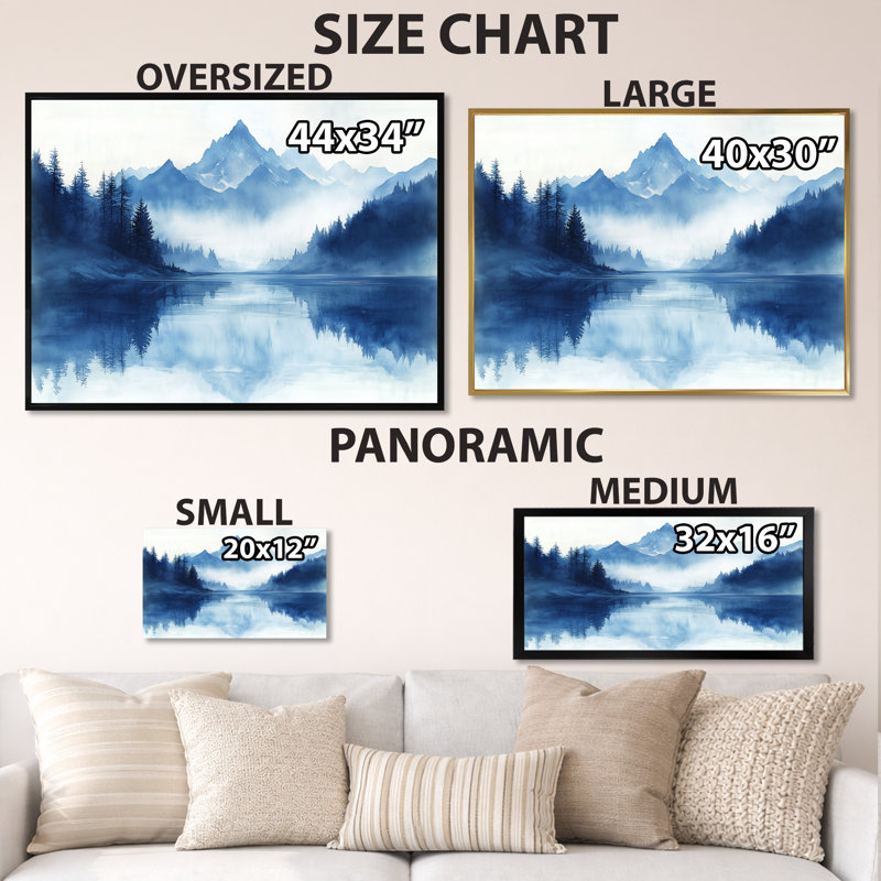 Mountain River Mist I - Blue Landscape, art mural, H 34 po x l 44 po, Cadre flottant brun