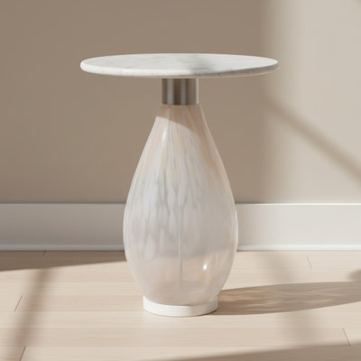 Table d'appoint avec plateau en marbre et base en verre artistique - Table de bout étroite pour la chambre à coucher ou le vestibule - Meuble décoratif rond contemporain - Blanc