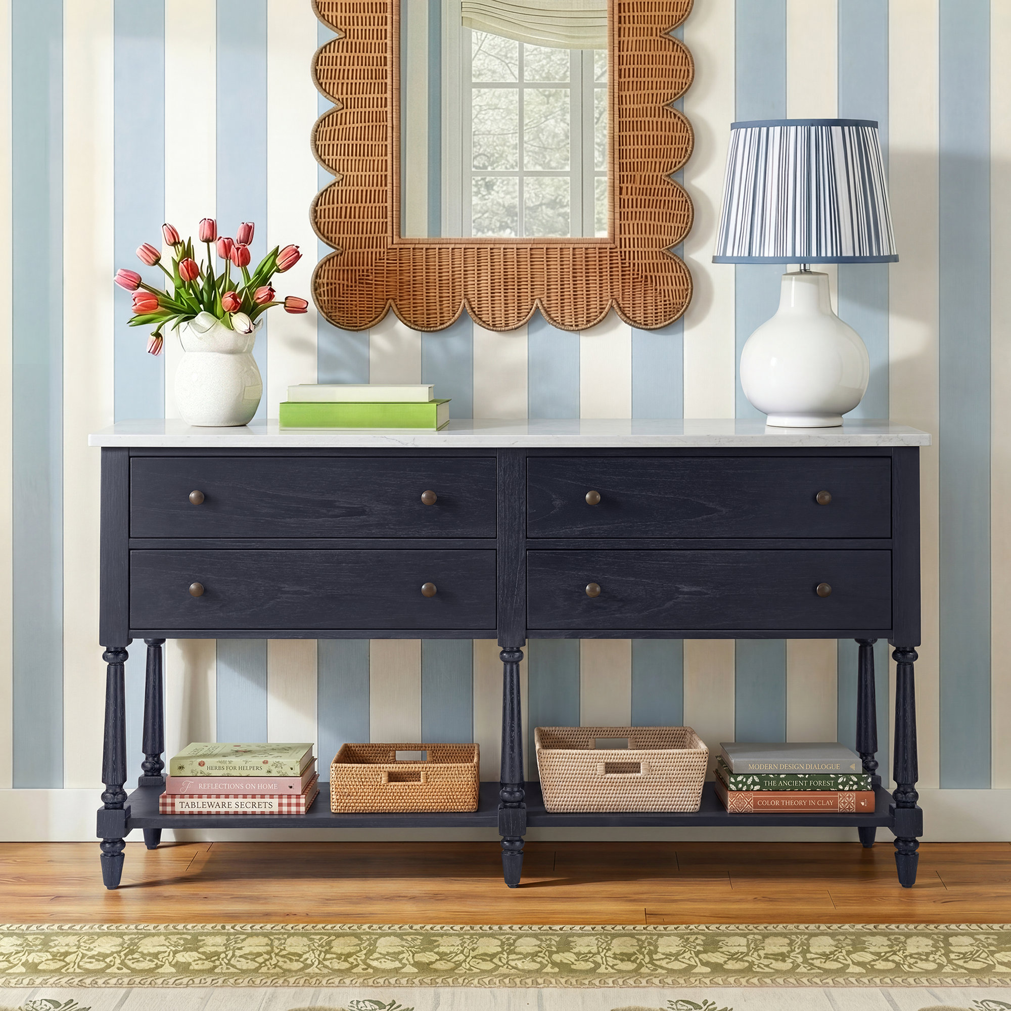 Aberdale 65" Wide 4 Drawer Sideboard with Marble Top, Washed Black
