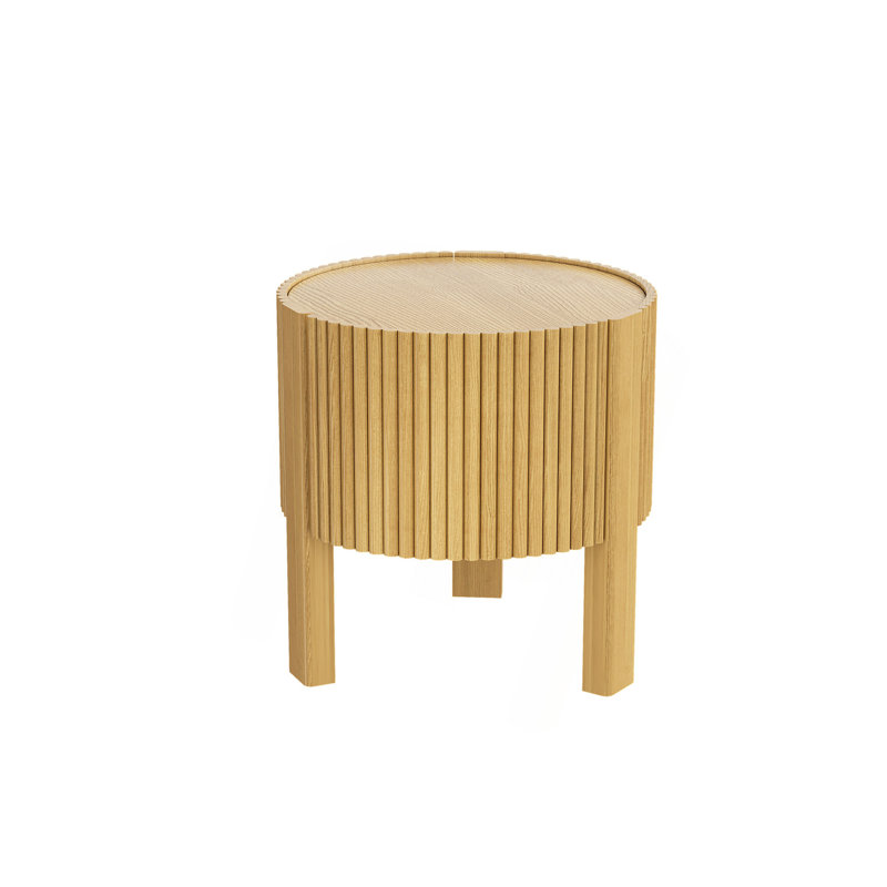 Table d'appoint ronde cannelée avec rangement pour le salon, bois d'hévéa massif, porte à fermeture en douceur, naturel, 19,6 po