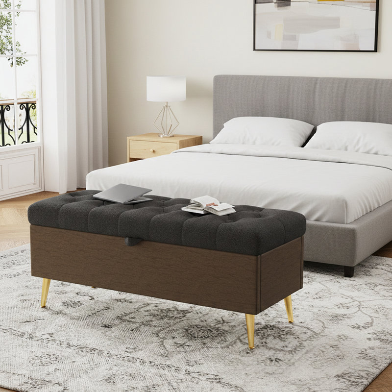 Banc de rangement rembourré avec couvercle relevable, Gris