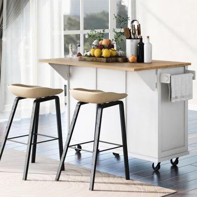 Drop Kitchen Cart With 3 Drawers, Internal Storage & Smooth Rolling Wheels, White Cabinet And Wheels