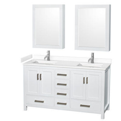 Meuble-lavabo double autoportant de 60 po avec dessus en marbre de culture avec armoires à pharmacie Sheffield