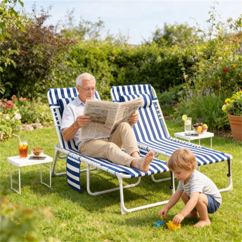 Chaise de plage avec trous pour le visage et les accoudoirs, table d'appoint pliante et dossier réglable à 5 positions