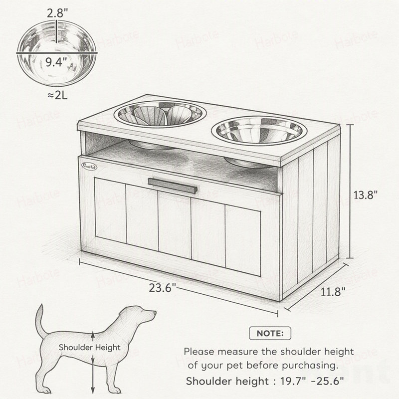 Gamelles surélevées pour chiens, support avec 2 bols en acier inoxydable, tiroir de rangement et tapis anti-glouton, station d'alimentation pour chiens de grande et très grande taille.