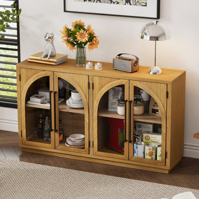 Grande armoire-buffet à 4 portes avec portes vitrées, armoire arquée avec tablettes réglables pour la cuisine, la salle à manger et le salon (bois naturel)