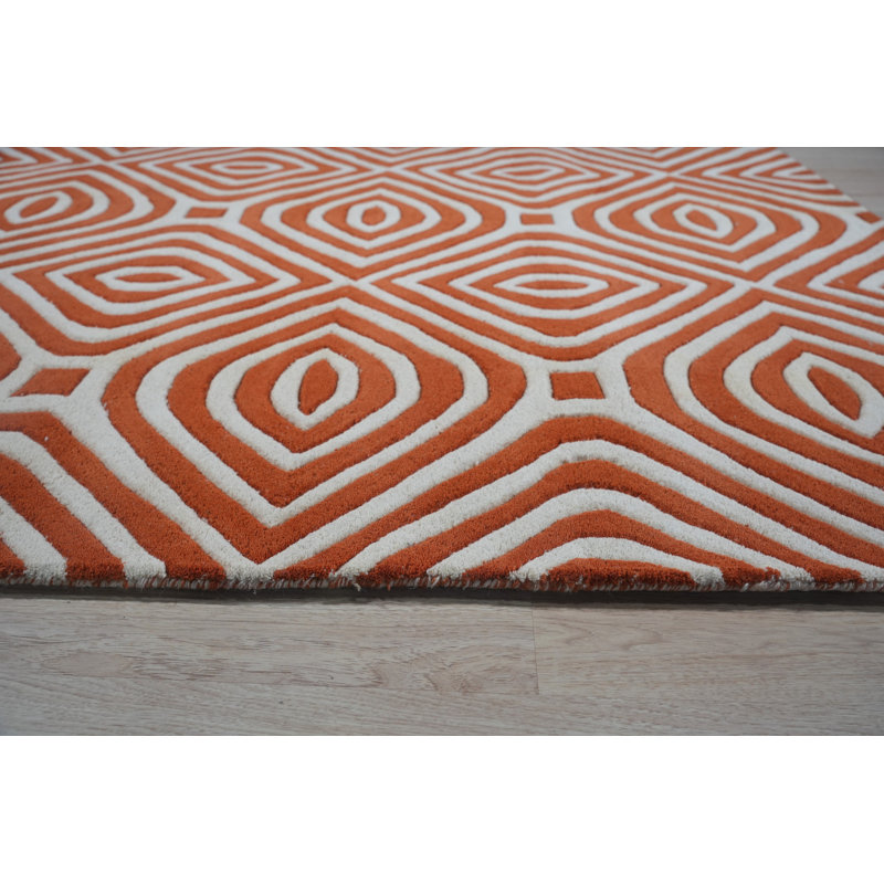 Ivory and Orange Geometric Hand-Tufted Wool Rug