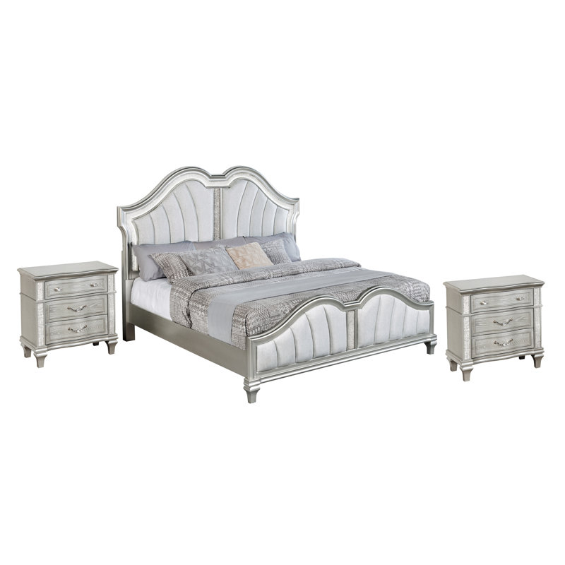 Ensemble de chambre à coucher argenté avec lumières DEL et tête de lit tapissier, Très grand, 3 Pcs: Bed, 2 Nightstand