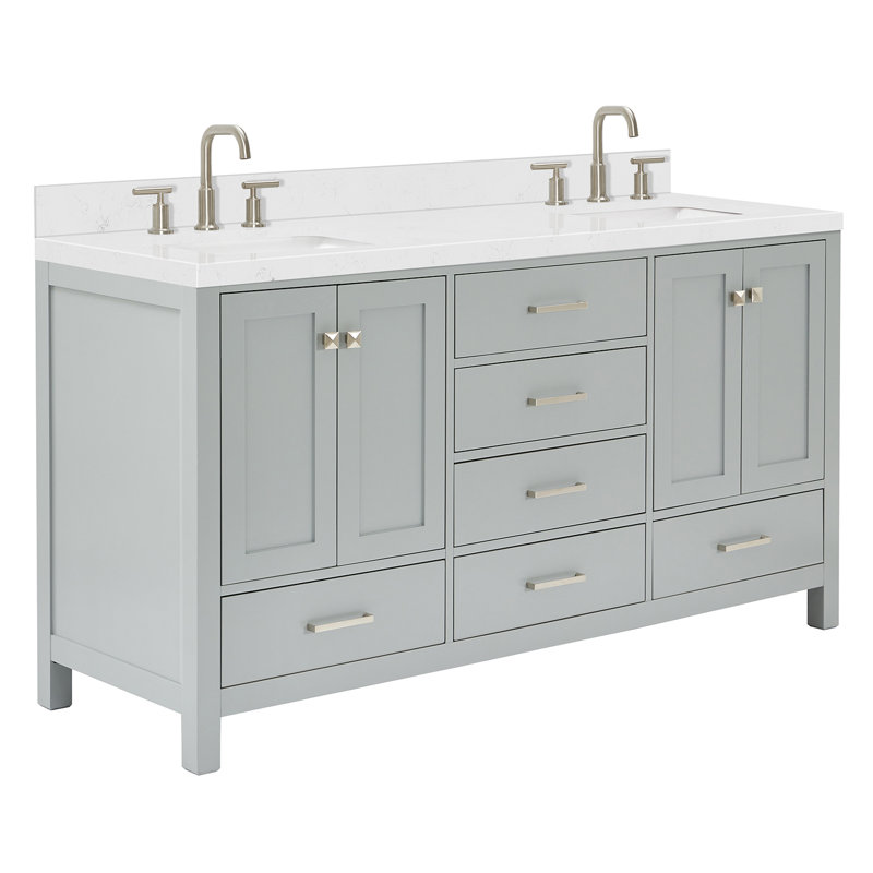  Meuble-lavabo double 66,25 po avec comptoir, Gris / Nickel brossé