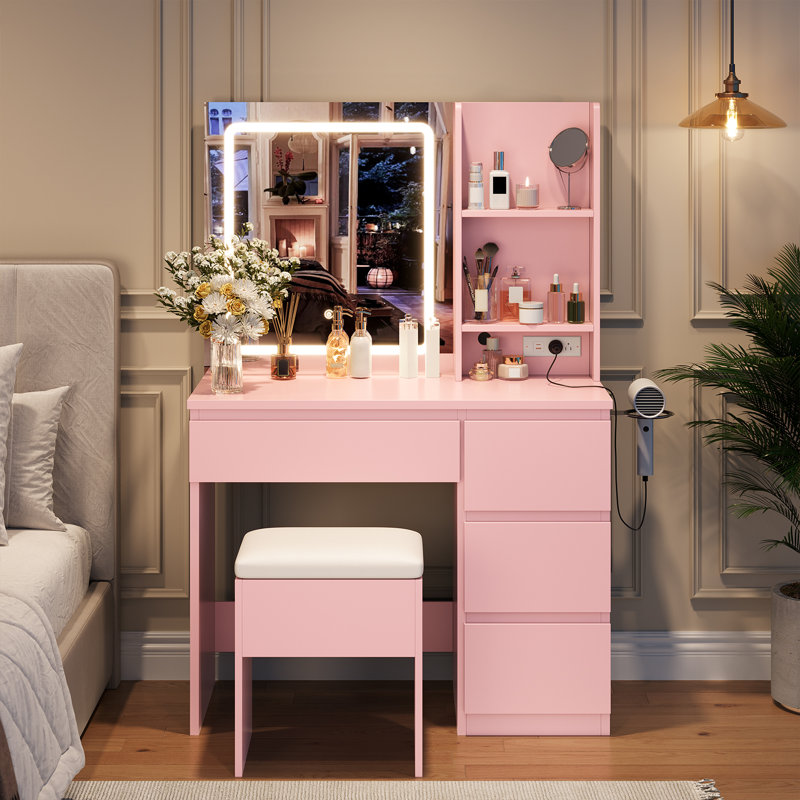  Vanity Desk with Mirror and Lights - Modern Makeup Dressing Table with Outlets, Storage Stool, 4 Drawers & Hair Dryer Holder - 3 Colors LED Vanity Mirror, Vanities for Bedroom