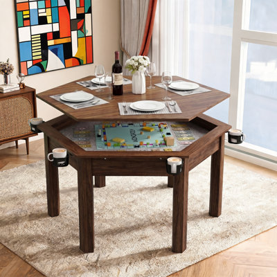 Hexagon 2-in-1 Board Game & Dining Table for 6 Players, Solid Wood Legs, Removable Top, Felt Play Mat & Rotating Cup Holders, Rustic Brown