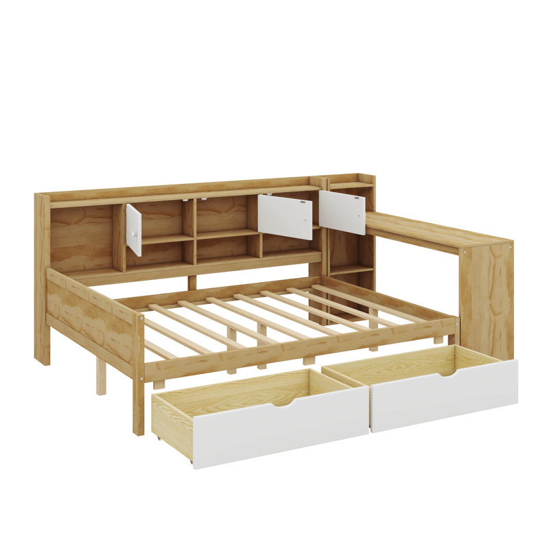Lit de jour en L en bois avec sept armoires de rangement et deux tiroirs, un lit polyvalent avec une table d'étude intégrée