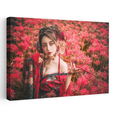 Japanese Kimono Red Lilies Contemporary Wall Art Print by KOIKI - Wrapped Canvas Print