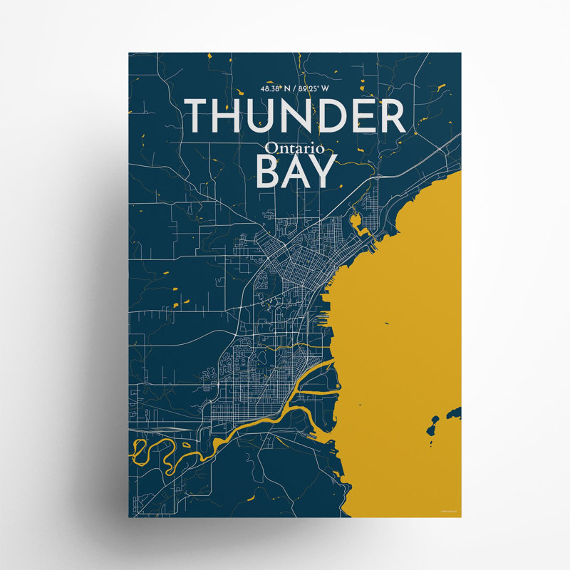 Thunder Bay City Map, impression, Bleu / jaune, H 27,6 po x l 19,7 po