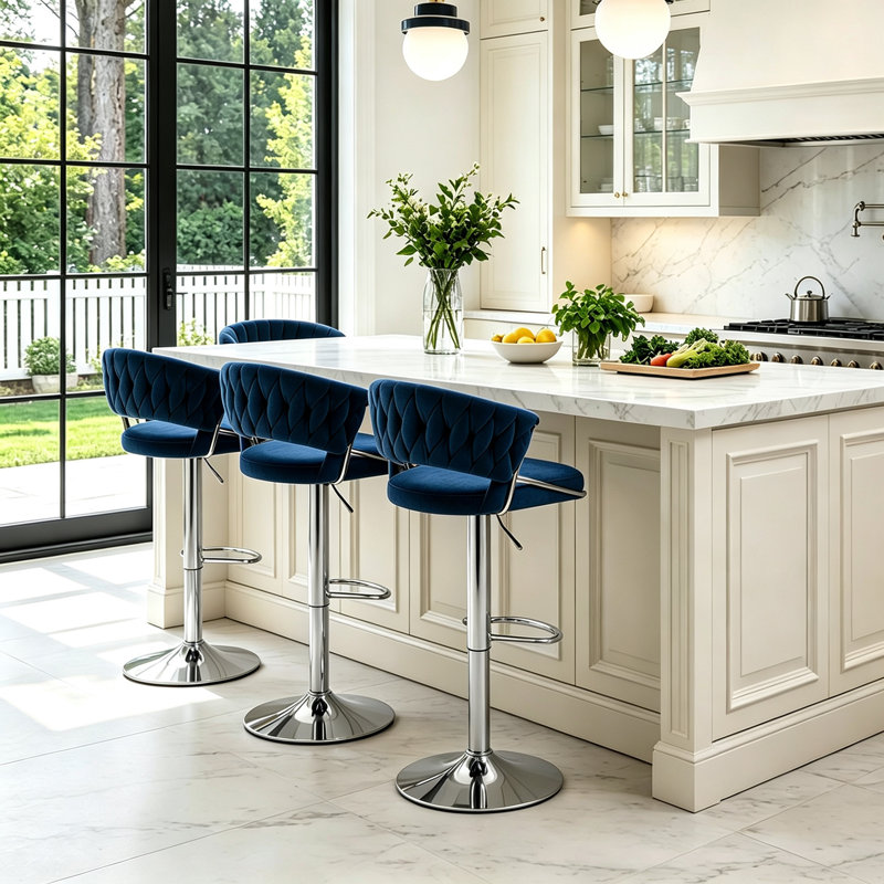 Christal Swivel Upholstered Adjustable Height Counter Stool, Navy Blue, Silver