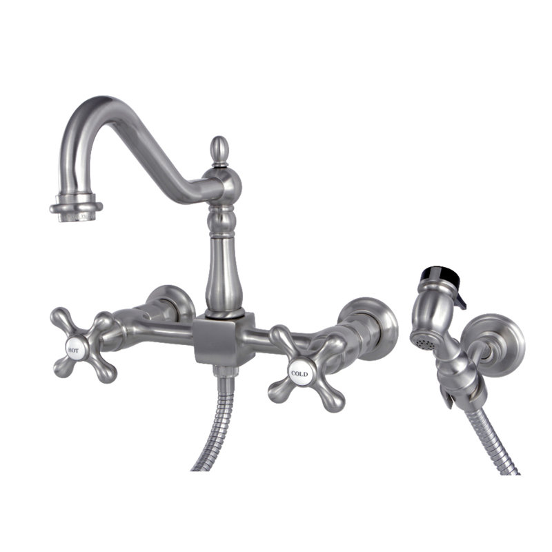 Kingston Brass Heritage Double-Handle Wall-Mount Bridge Kitchen Faucet, Brushed Nickel, With Side Spray
