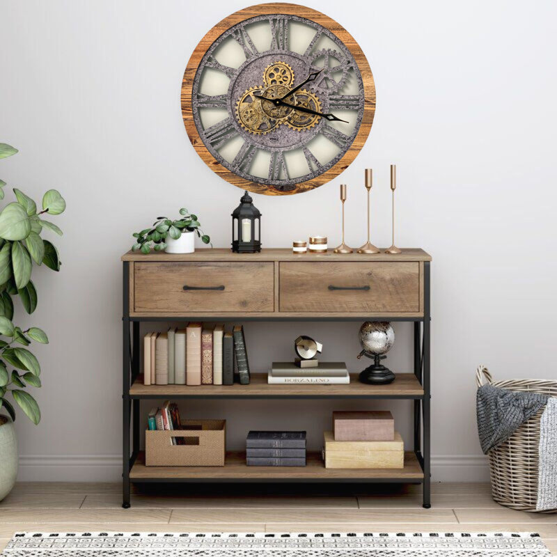 24" Rustic Wood and Stone Oversized Wall Clock with Moving Gears